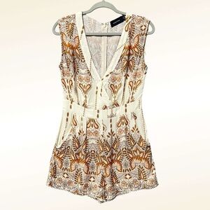 MINKPINK Cream and Brown Print Romper Size Medium Boho Tie Waist Paisley